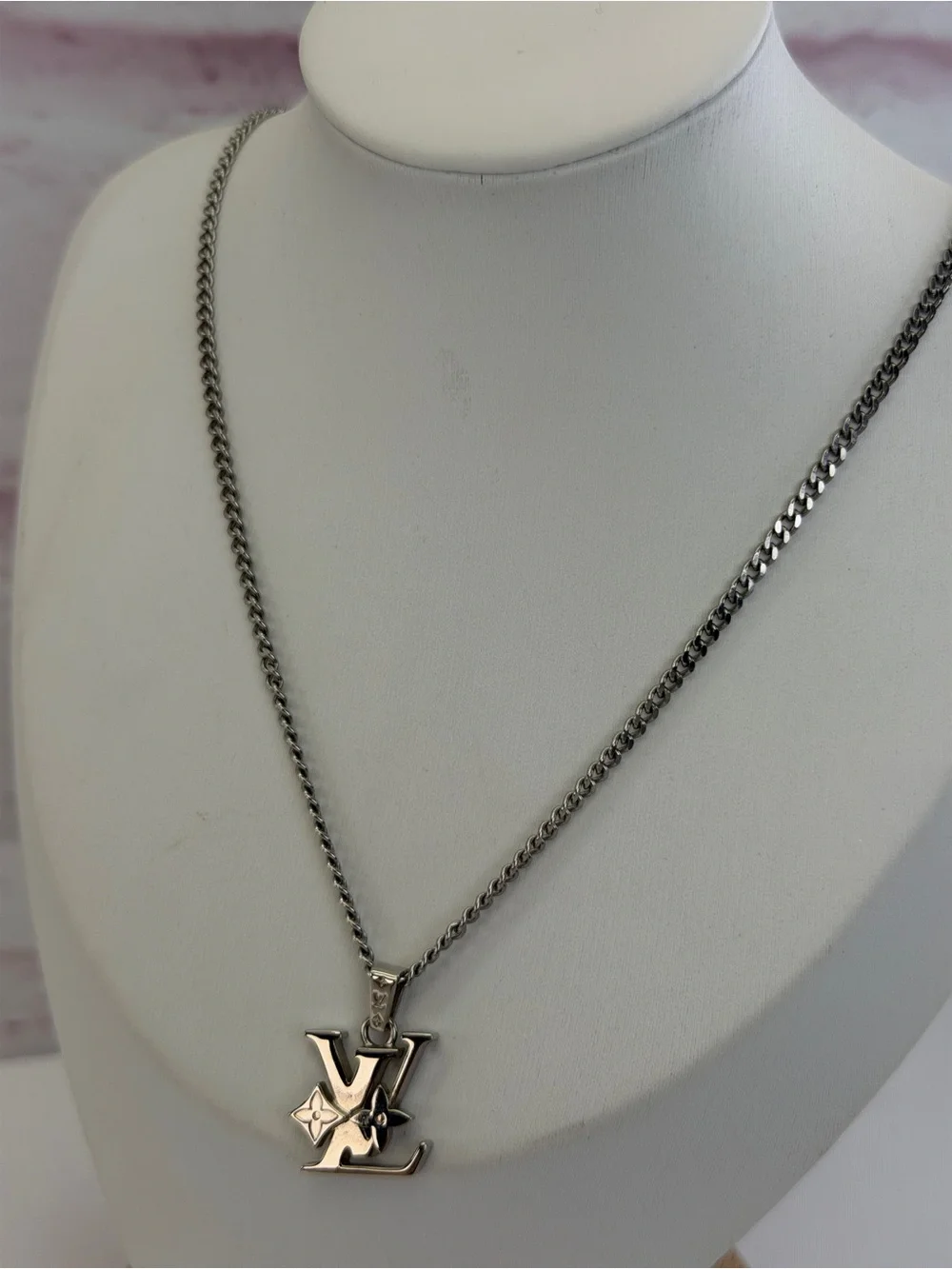 Louis Vuitton Silver LV Monogram Row Pendant Necklace